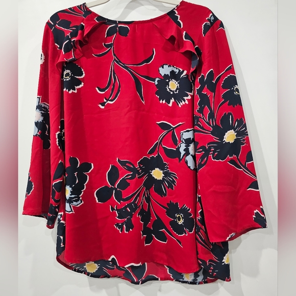 Van Heusen Red Black Floral Ruffle Tunic Top Large - Picture 2 of 7